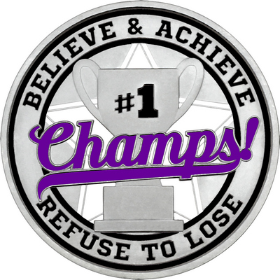 Purple "Champs!" with Black Outer Circular Borders